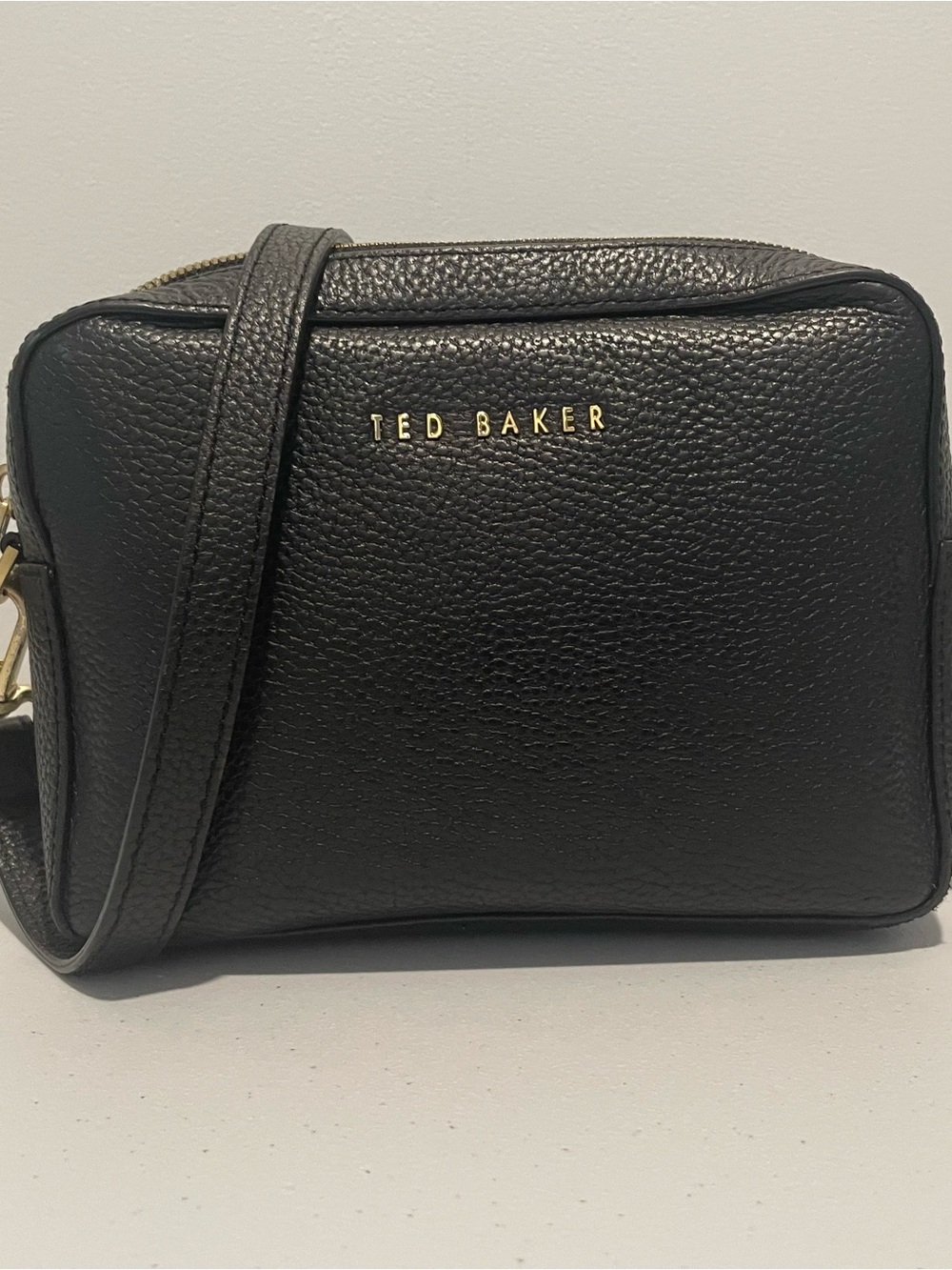 Ted Baker Black Pebbled Leather Camera Crossbody with Gold Logo